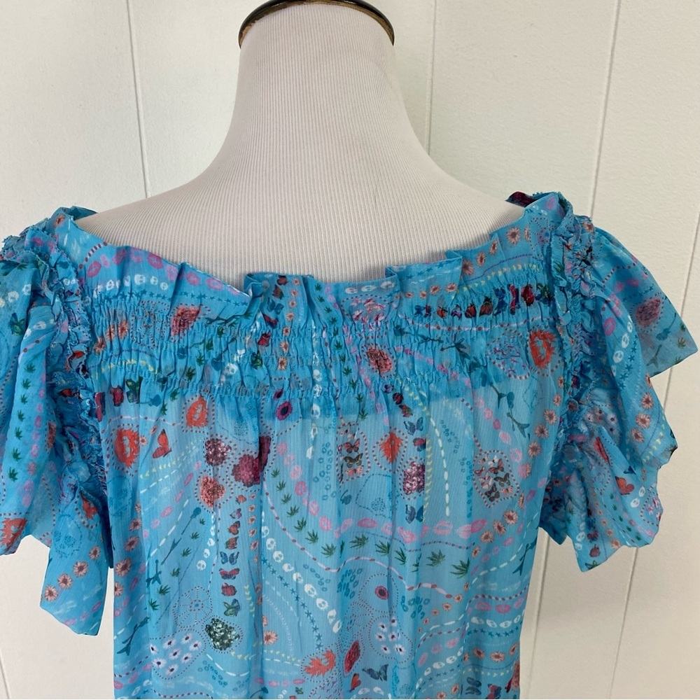 Zadig & Voltaire Tutti Print Psyche  Ruffle Sheer Top SZ XS Blue Novelty Print - Picture 11 of 16